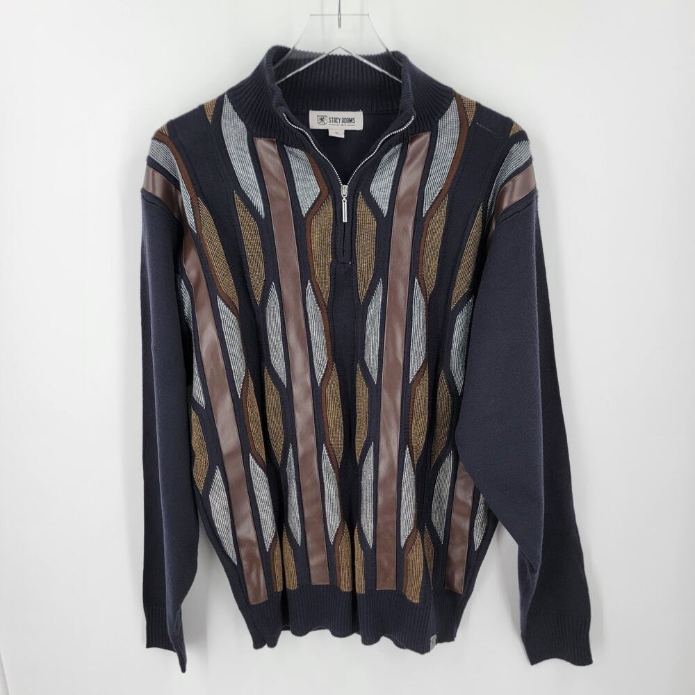 Stacy Adams Quarter Zip Sweater Mens Medium Blue Brown Faux Leather Textured